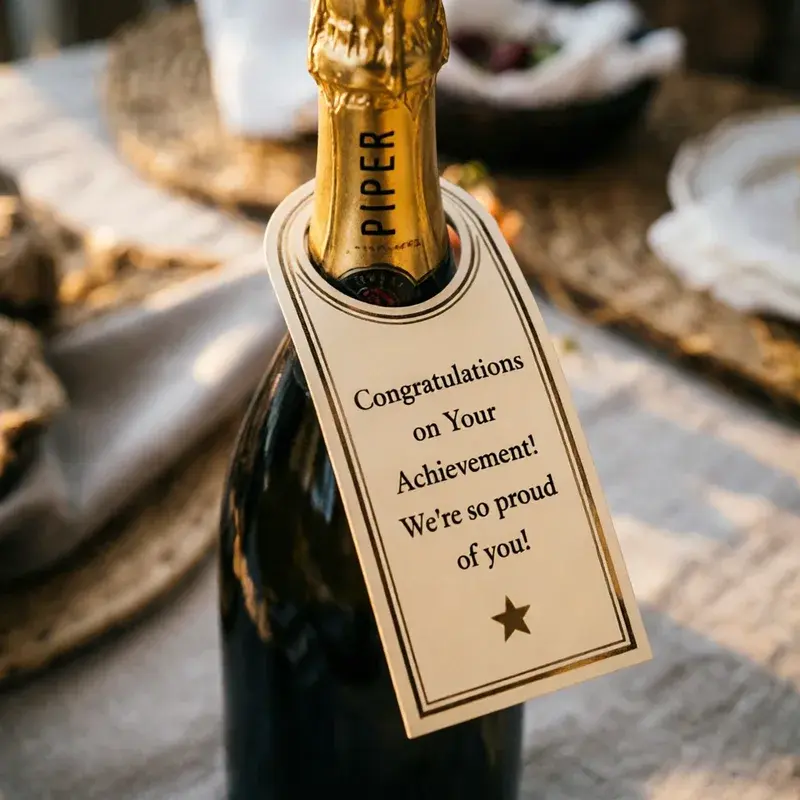 Glass bottle with a cream congratulations neck tag.