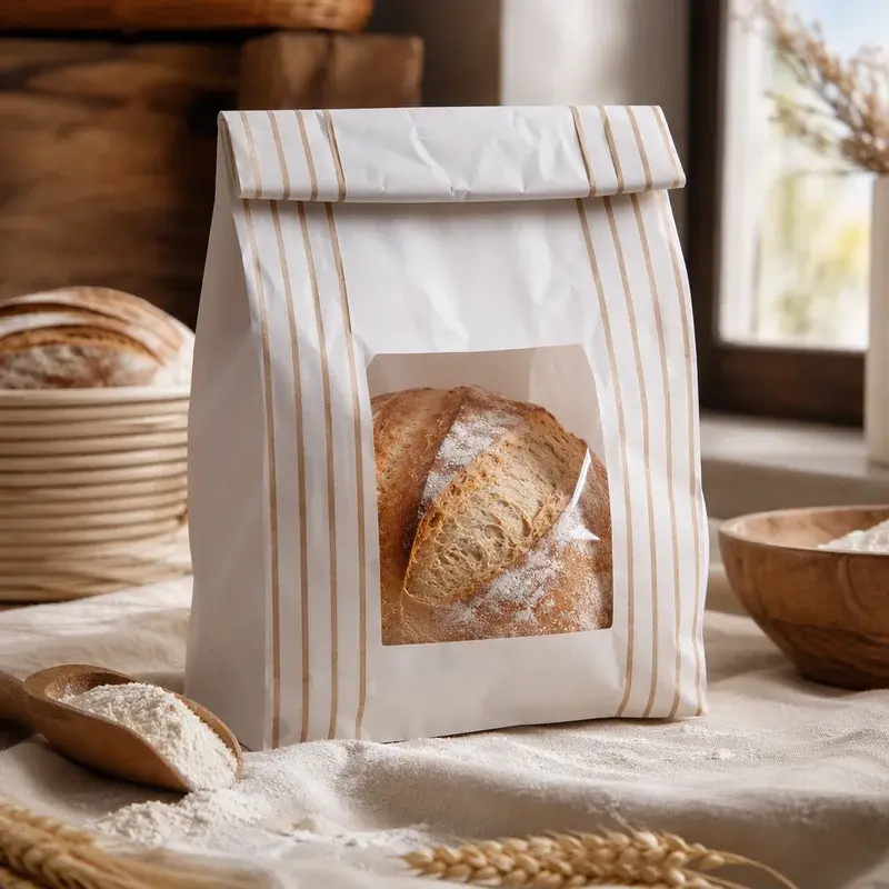 Bread loaf in a striped paper bag with a clear front window.