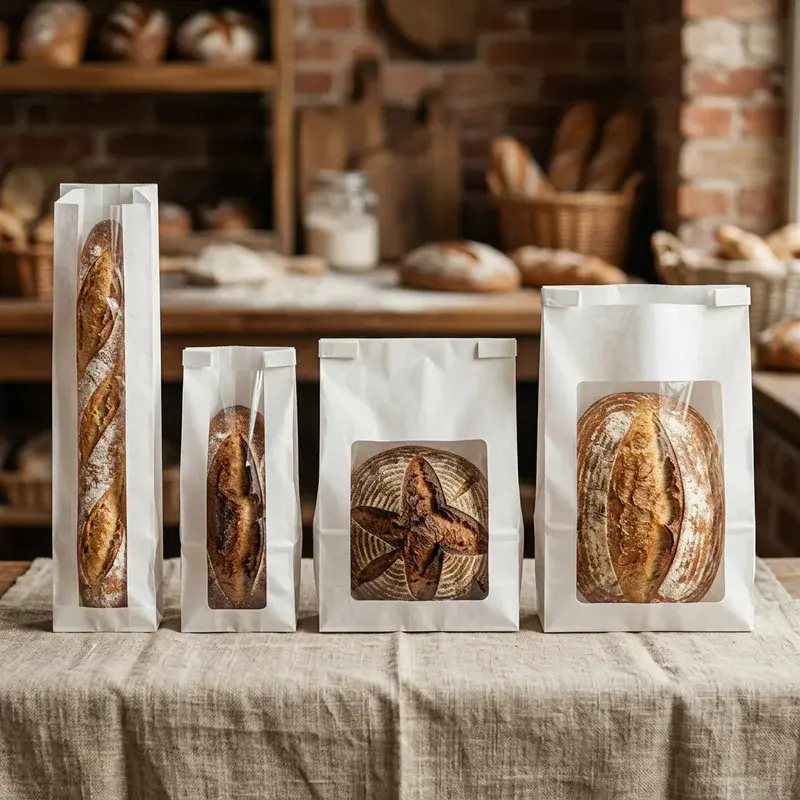 White window bags displaying different breads on a table.
