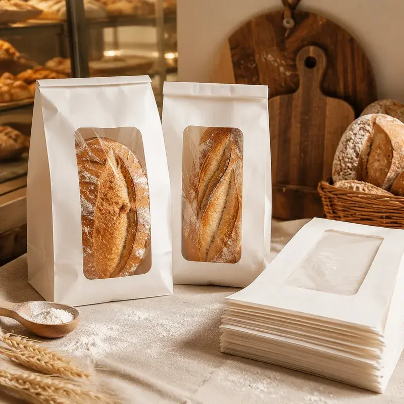 White window bags containing bread beside a stack of empty bags.