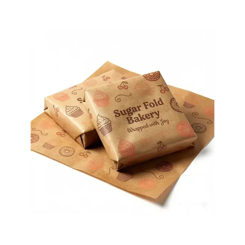 Bakery paper sheets and wrapped items with reddish printing.