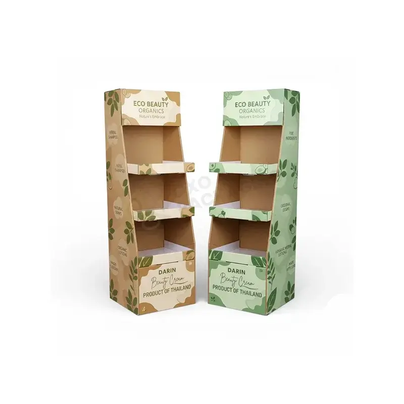 Brown and green cardboard shelf displays with open shelves.