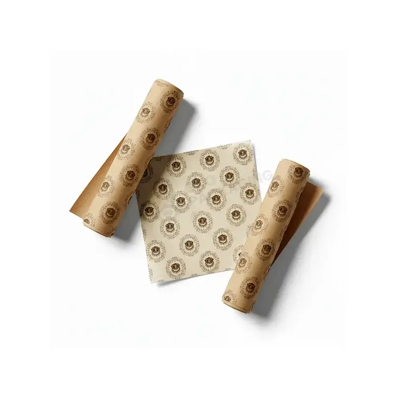 Brown printed wrapping rolls beside a matching sheet.