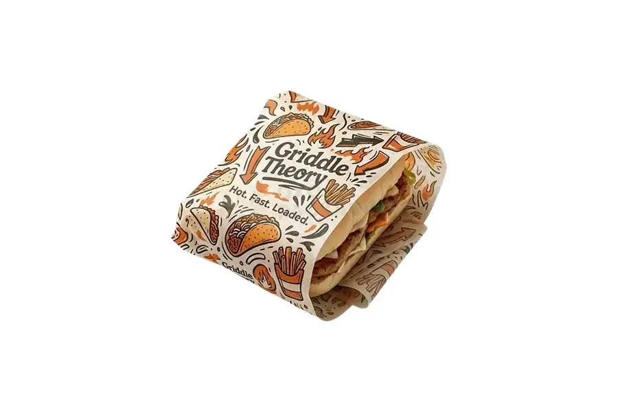 Food wrapped in brown paper with dark decorative printing.