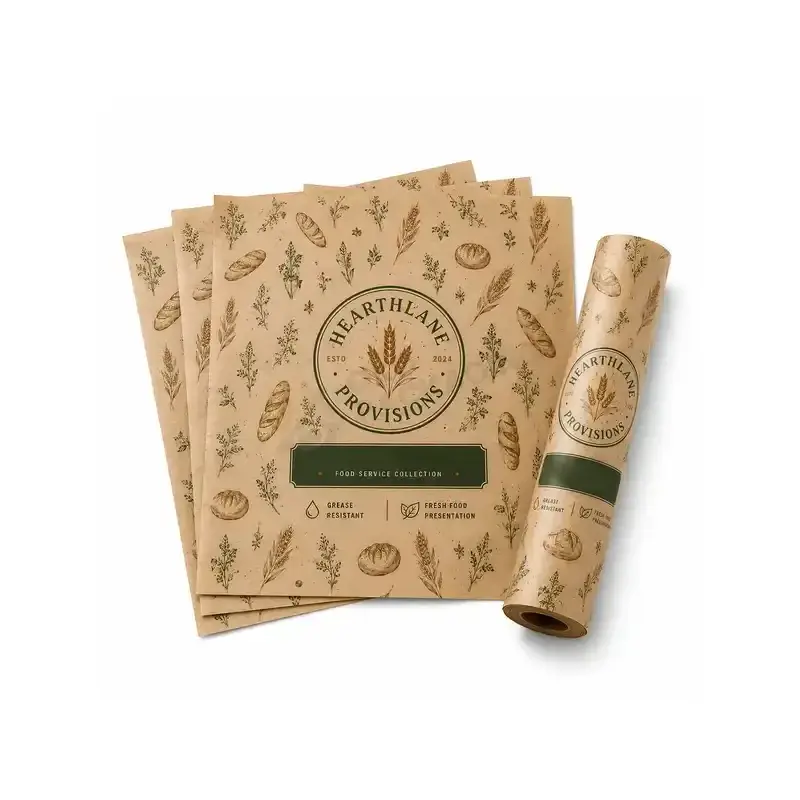 Brown printed wrapping sheets and a rolled sheet with plant graphics.