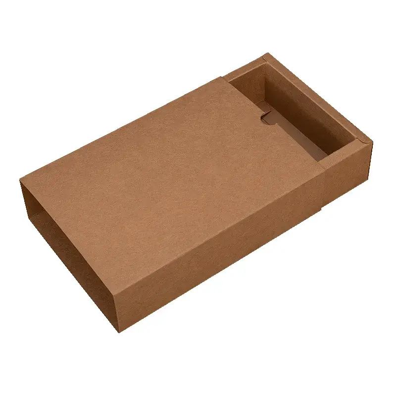 Brown rectangular sleeve box with an inner tray partly extended.