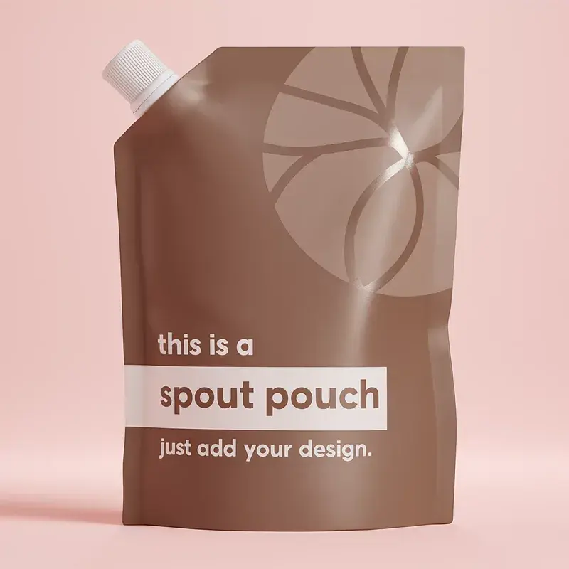 Brown pouch with a white corner spout and pale geometric graphics.