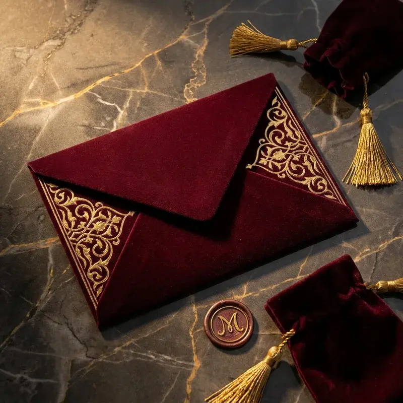 Burgundy envelope with gold-colored decoration and a tassel.