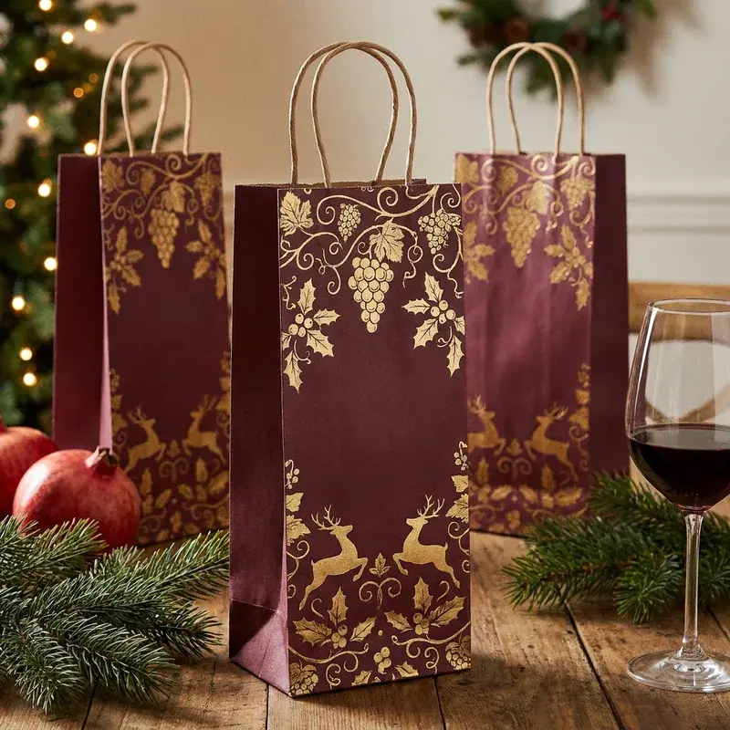 Tall burgundy wine bags with gold-colored grapevine patterns.