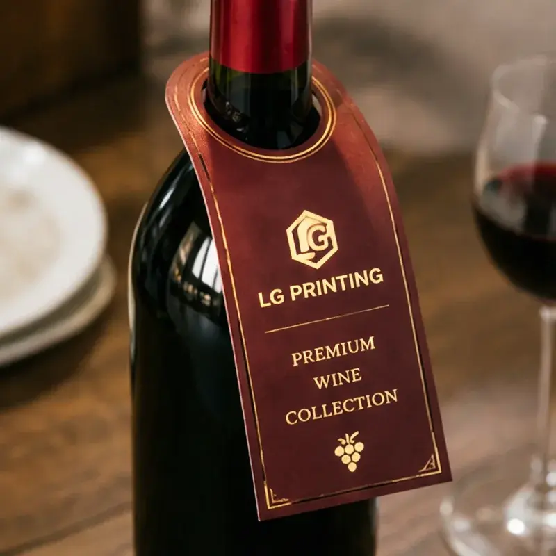 Wine bottle with a burgundy neck tag and gold lettering.