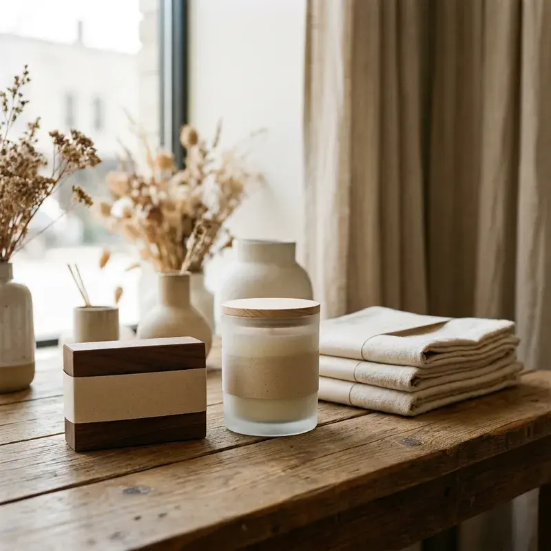 Candle jars and folded textiles on a wooden table.