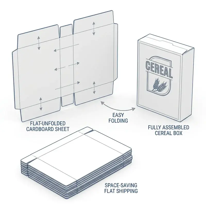 Line drawing of a flat carton, assembled box and stacked blanks.