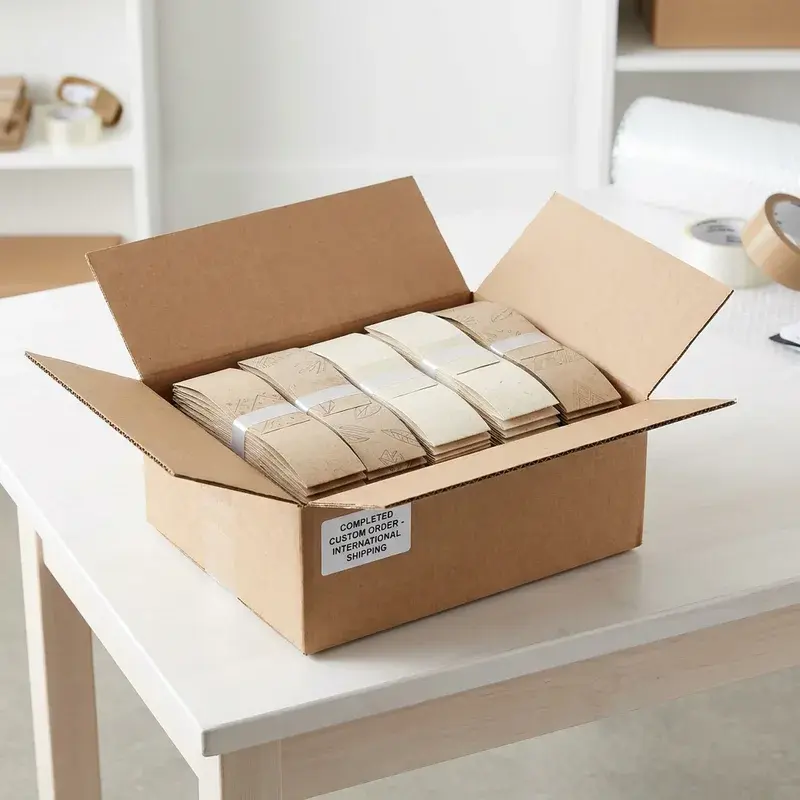 Open shipping carton containing rows of paper-wrapped items.
