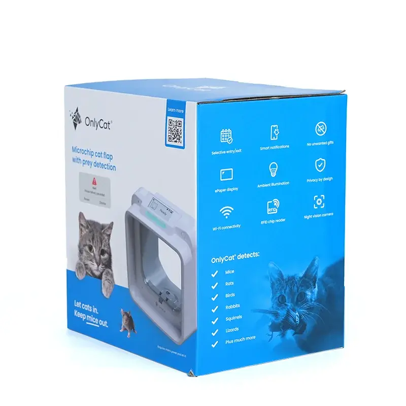 Angled view of a blue carton with printed feature icons.