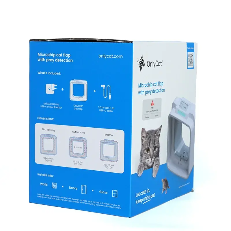 Blue and white carton showing product diagrams and a cat.