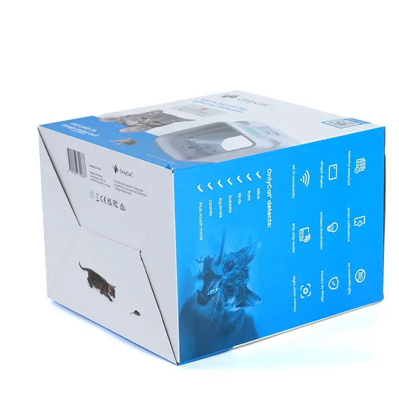 Blue and white carton lying sideways with bottom flaps visible.