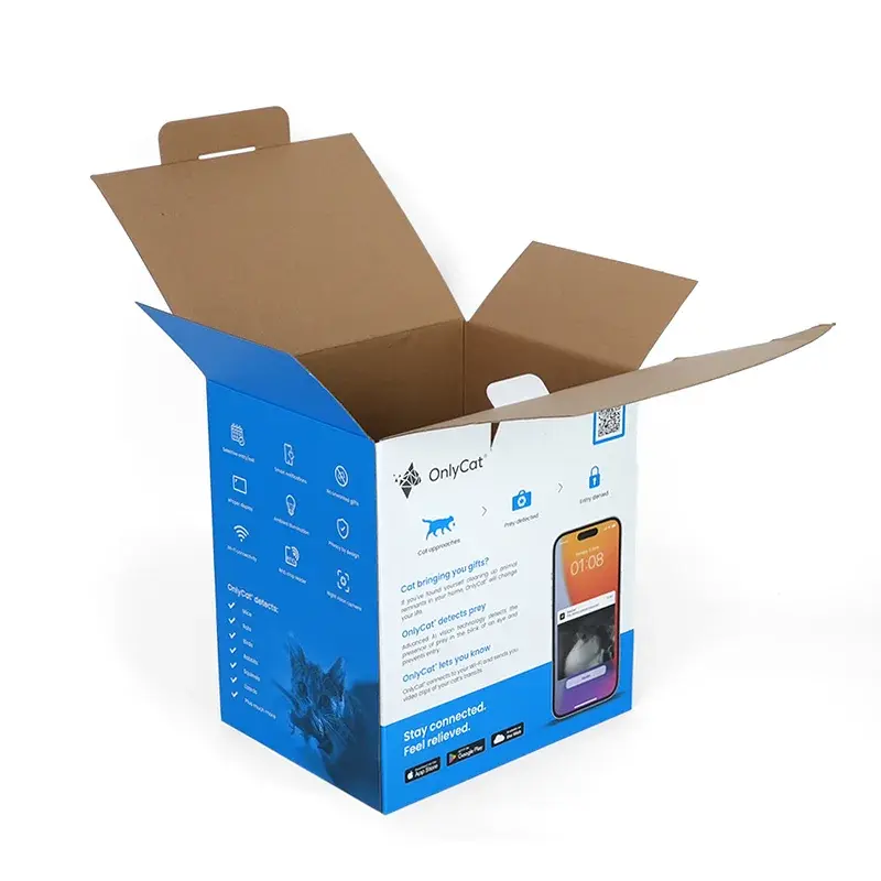 Blue printed carton with its four top flaps opened.