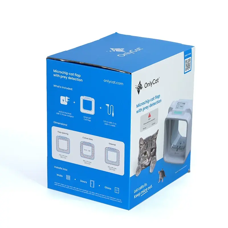 Blue carton side panels with pet door diagrams and lettering.