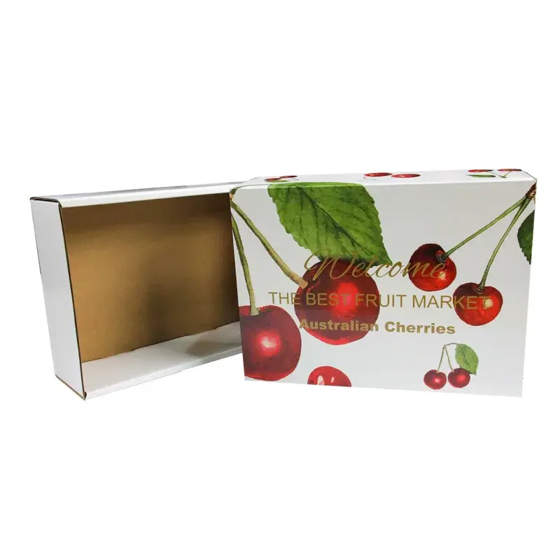 Open cherry-printed box showing a plain brown interior.