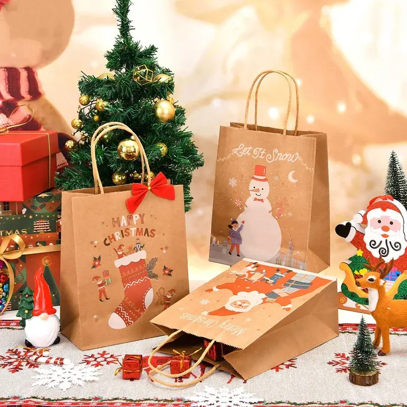 Christmas-printed paper bags arranged beside a decorated tree.