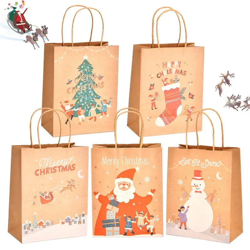 Kraft shopping bags printed with colorful Christmas illustrations.