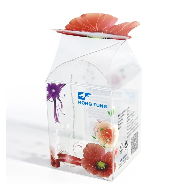 Clear folding box with floral printing and a white carry handle.