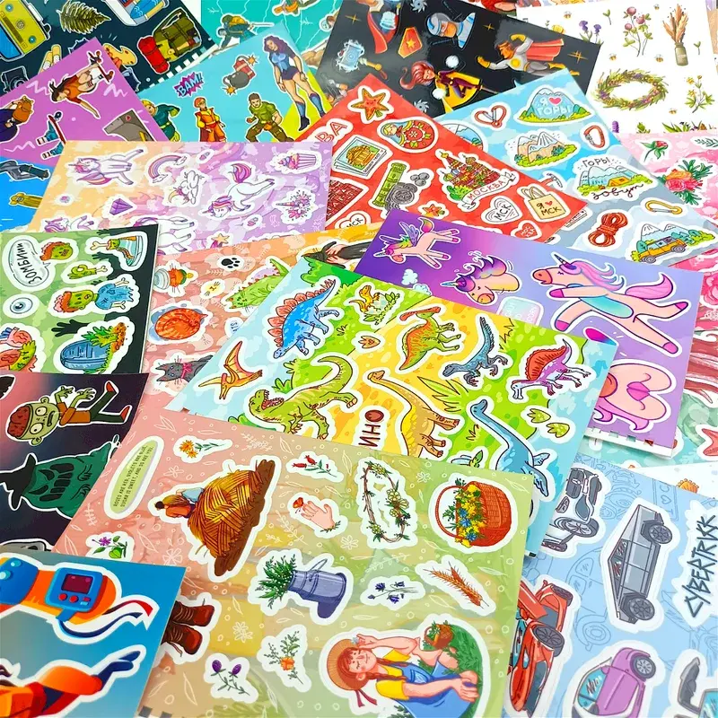 Overlapping sticker sheets with colorful cartoon characters.