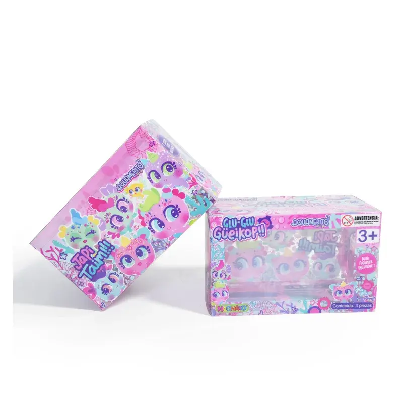Clear toy boxes with colorful printed graphics.