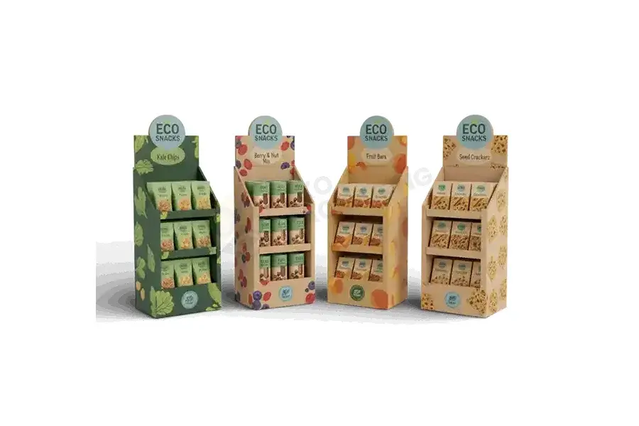Four narrow floor displays with colorful printed headers.