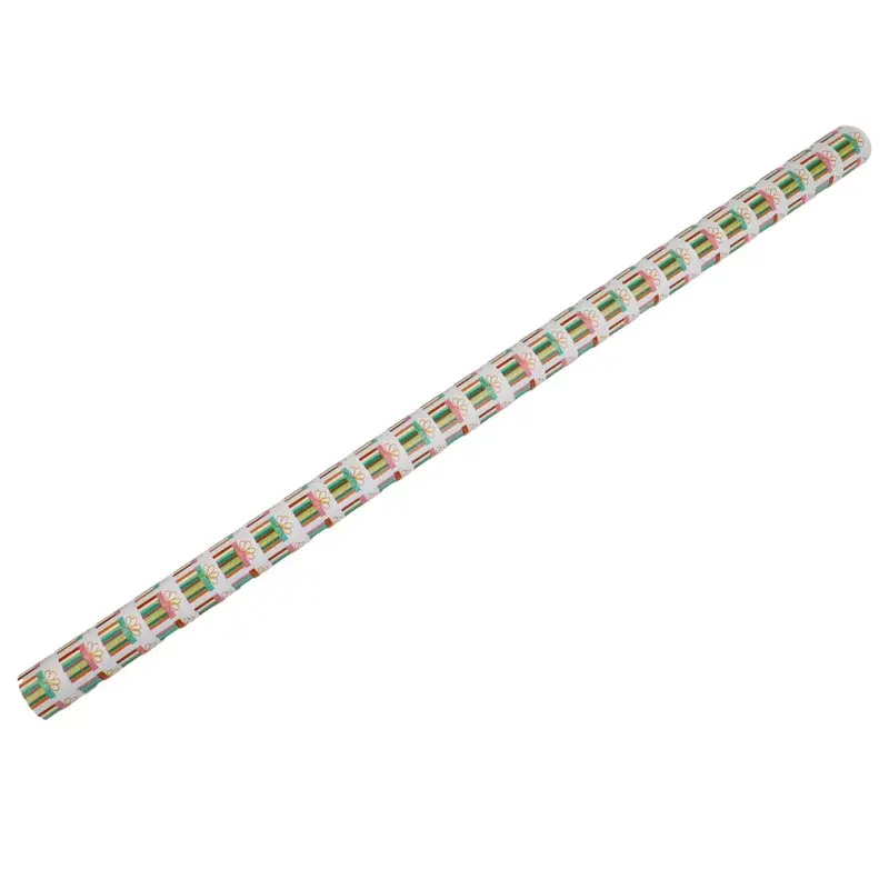 Long wrapping paper roll with a repeating colorful pattern.