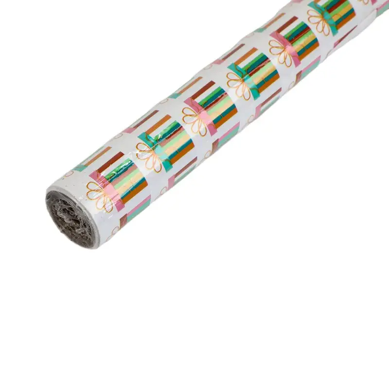 Long wrapping paper roll with a repeating colorful pattern.