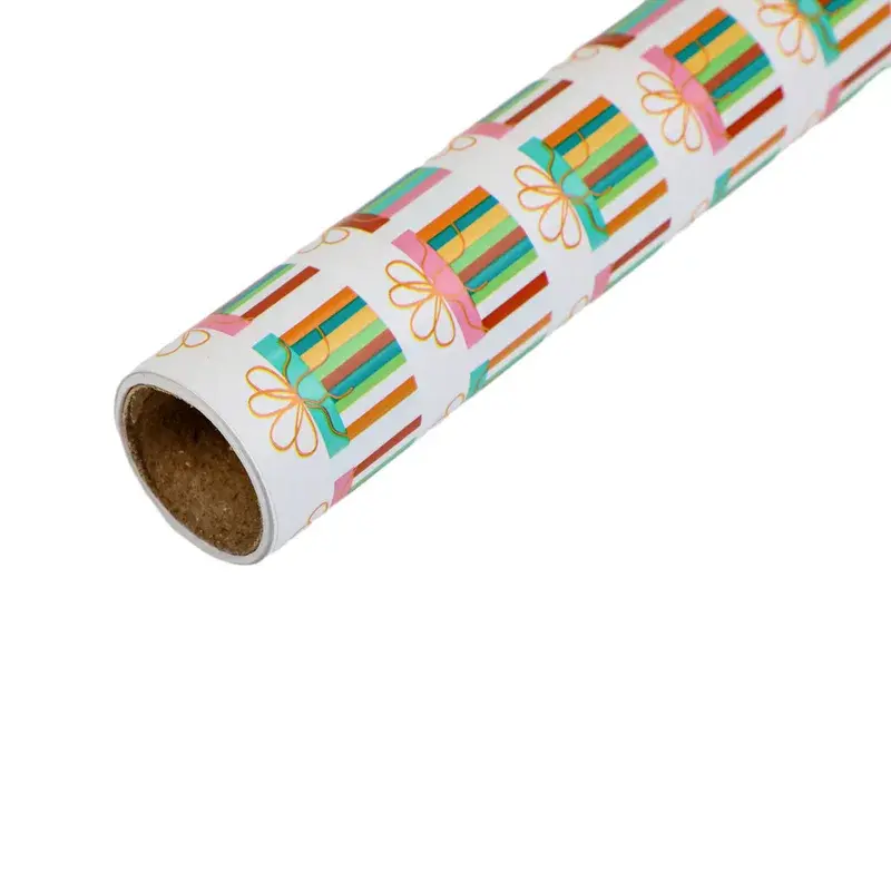 Long wrapping paper roll with a repeating colorful pattern.