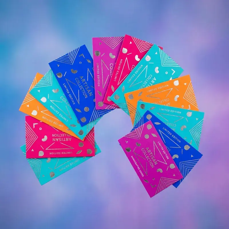 Colorful rectangular hanging tags arranged in a circular fan.