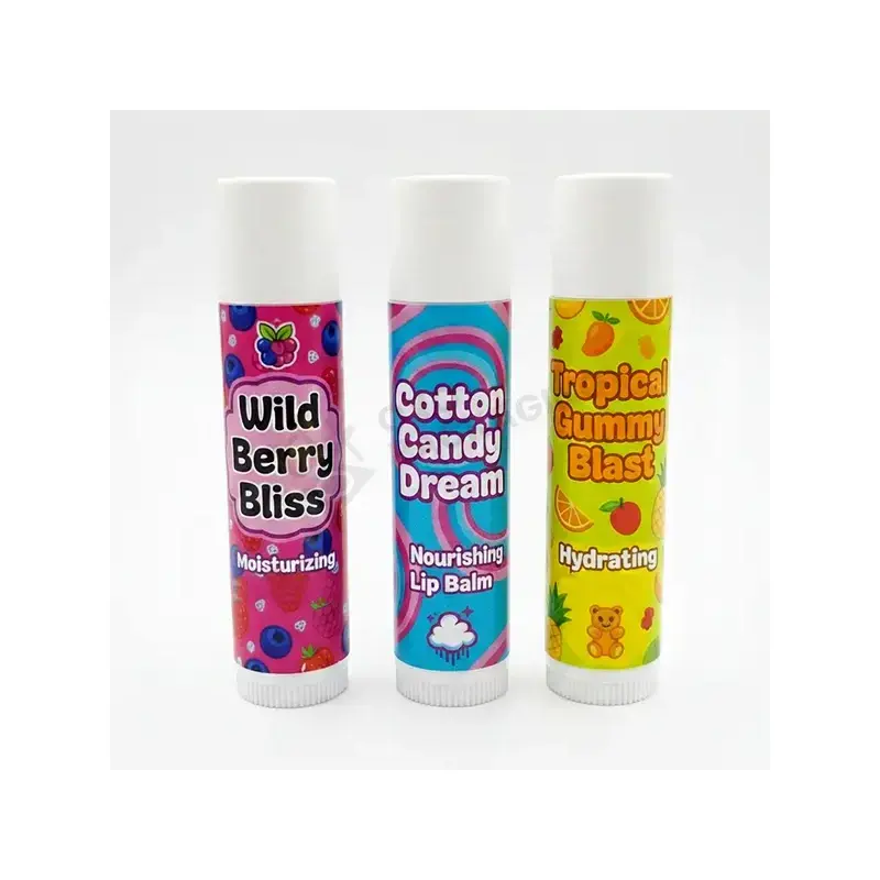 Three small tubes with white caps and colorful printed labels.
