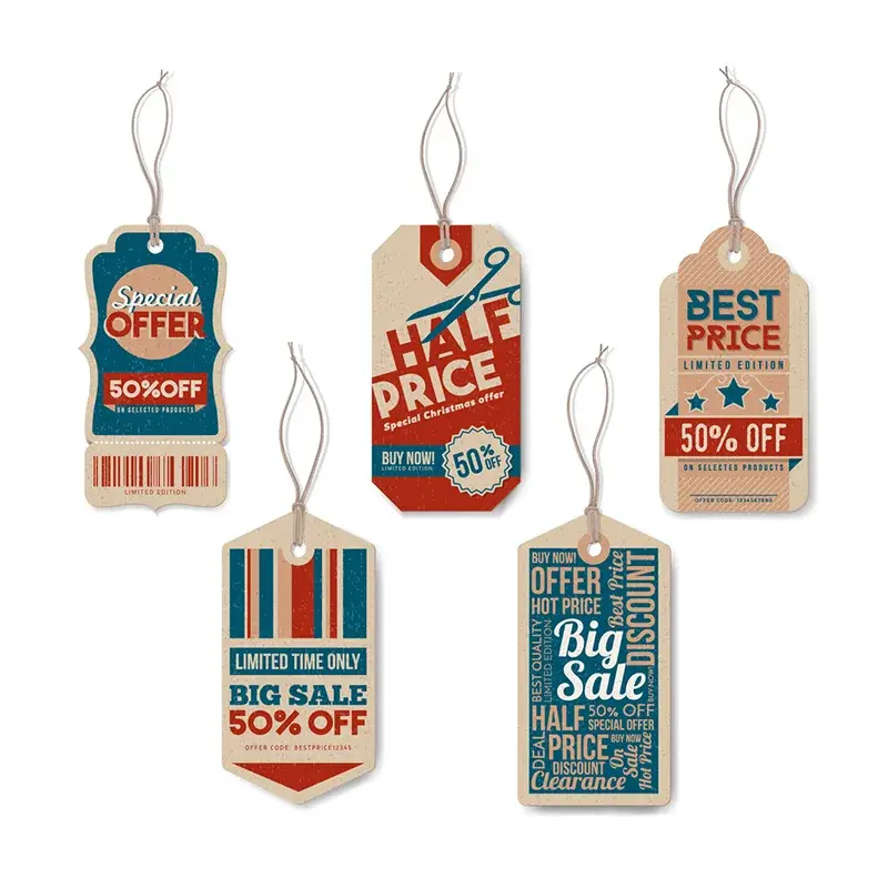 Colorful sale tags with printed lettering and looped strings.