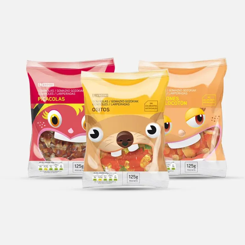 Colorful snack pouches with large cartoon animal faces.