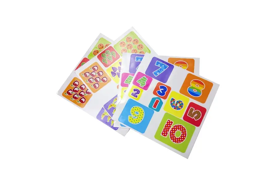 Several small sticker sheets with bright cartoon illustrations.