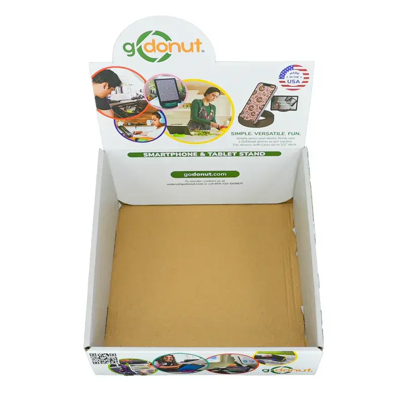 Front view of an empty printed countertop tray.