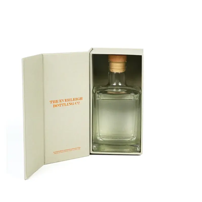 Open cream presentation box with a glass bottle inside.