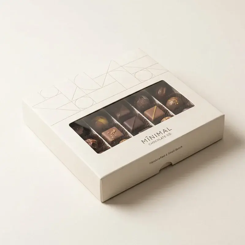 Cream chocolate box with a rectangular window showing chocolates.