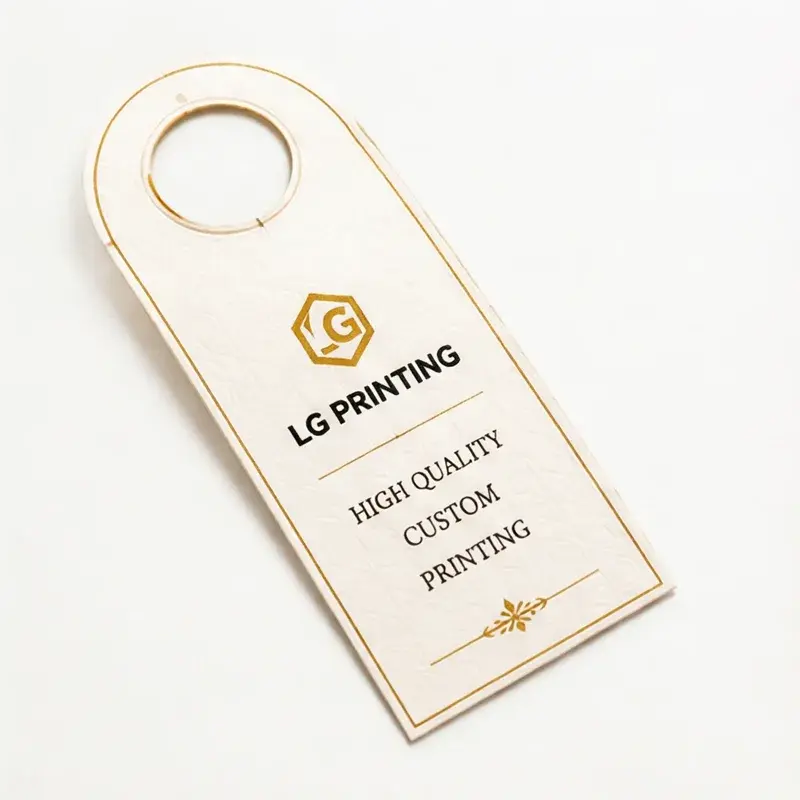 Cream bottle neck tags with gold-colored borders and lettering.
