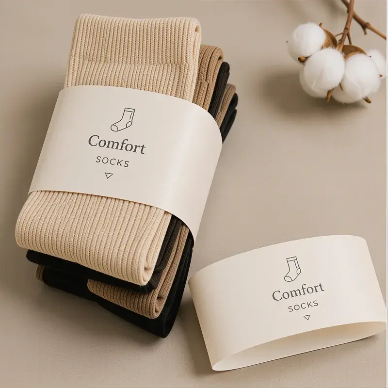 Cream and dark socks wrapped in cream printed sleeves.