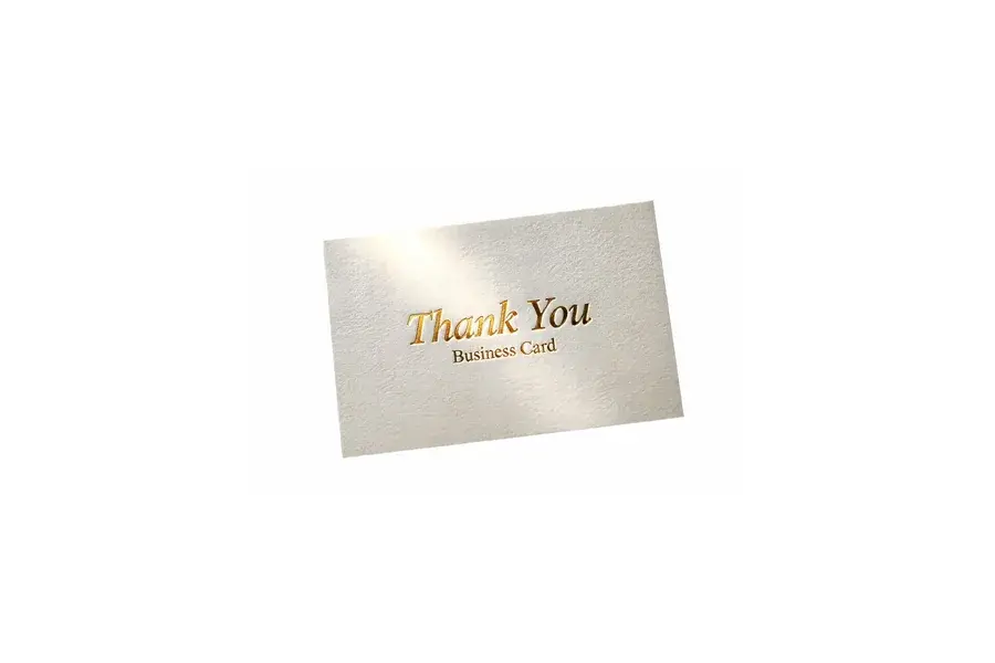 Cream rectangular card with gold-colored thank-you lettering.