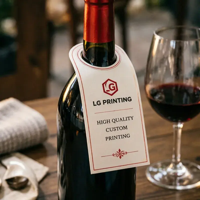 Wine bottle with a cream tag and a thin dark border.