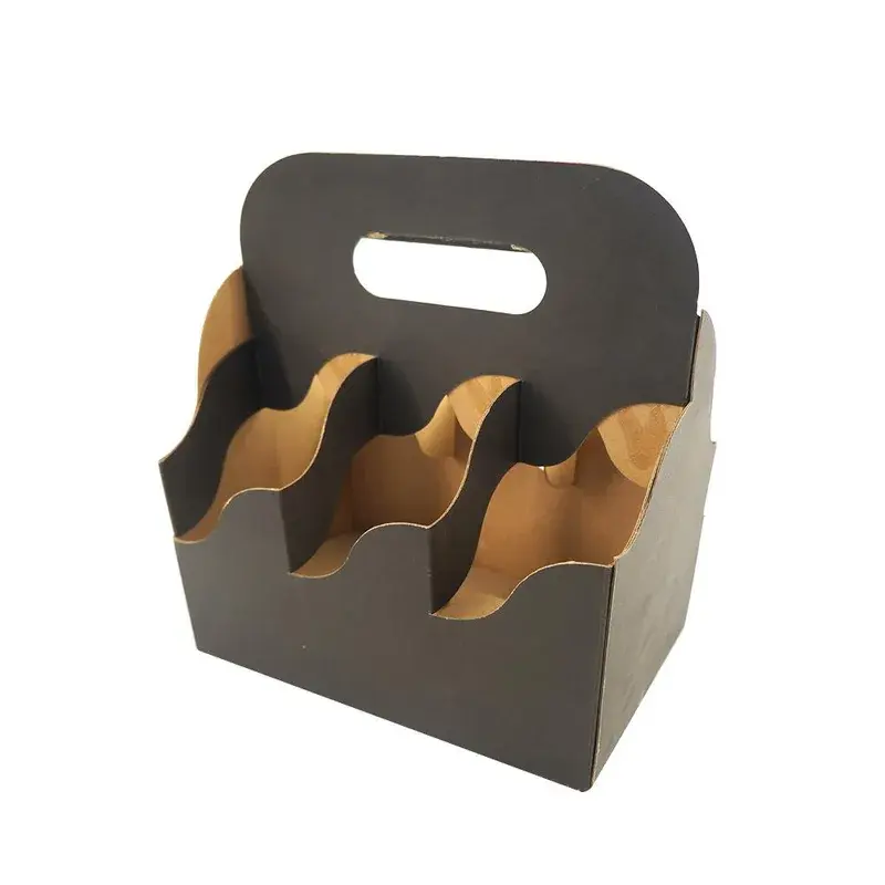 Dark cardboard carrier with a handhold and bottle compartments.