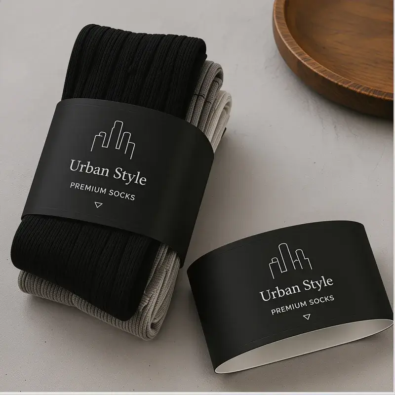 Dark folded textiles wrapped in black printed paper sleeves.