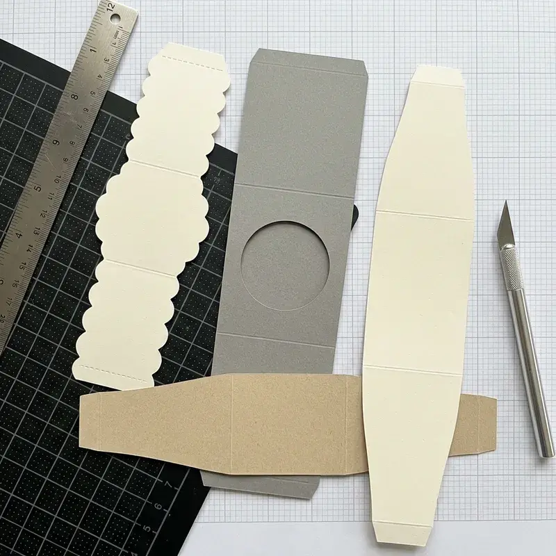 Die-cut cardboard shapes on a cutting mat beside a craft knife.
