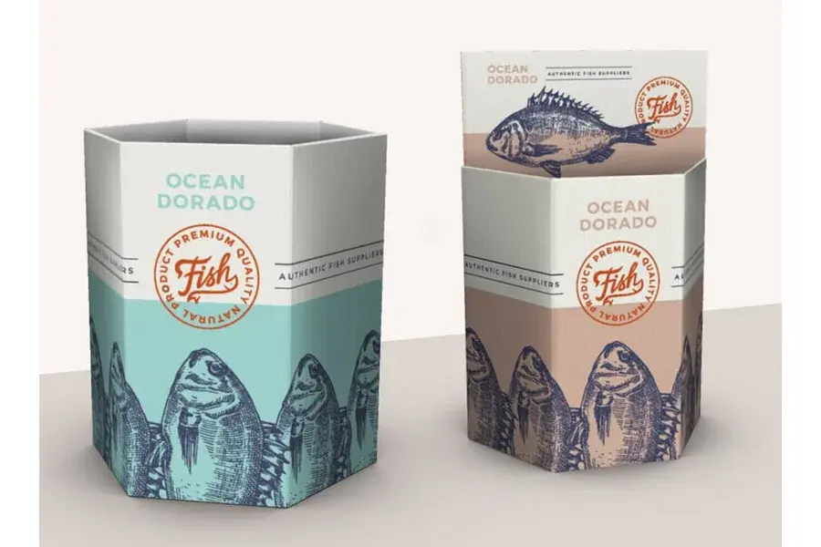 Two paper tubes with blue fish illustrations and removable lids.