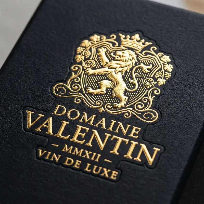 Gold-colored crest and lettering on textured black paper.