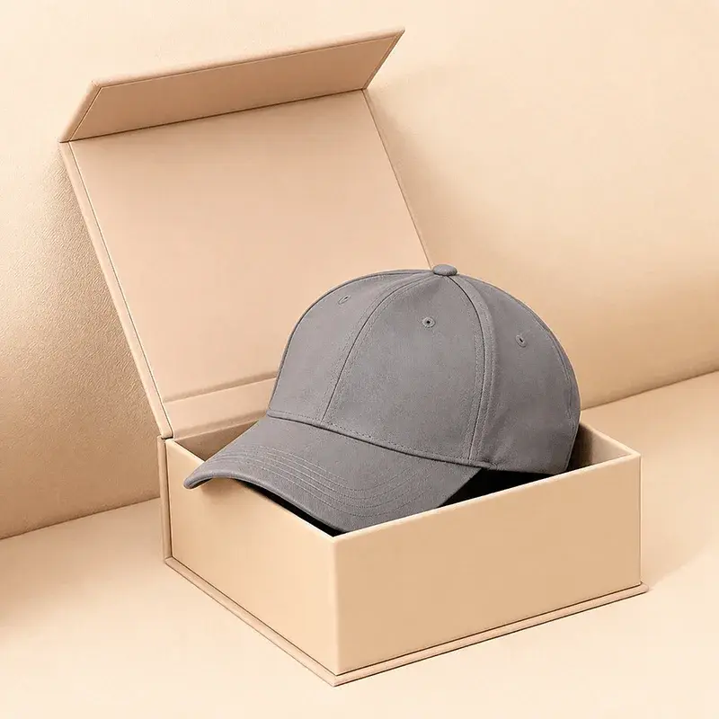 Gray cap inside an open plain kraft box.